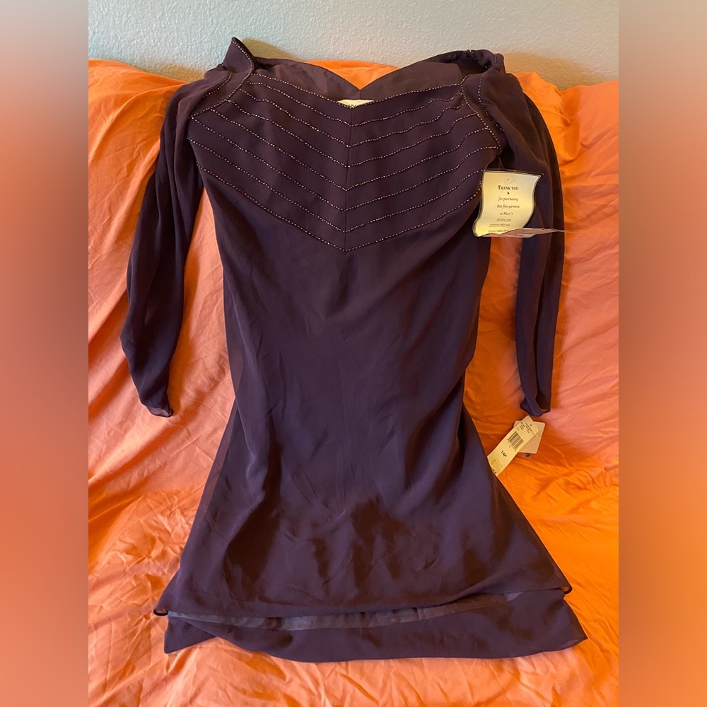 Evan Picone Long Sleeve Dress in Deep Purple with Decorative Stitching
